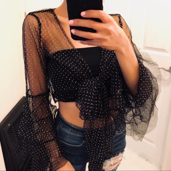 🍒 LAST ONE Black Mesh Cropped Top with Gold Dots - Picture 6 of 6